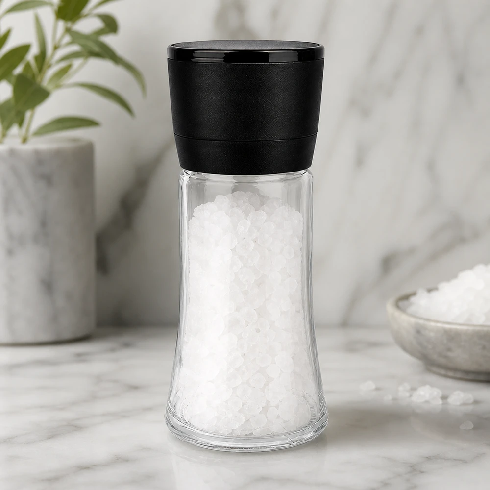 Salz-/Gewürzglas 95ml mit Mühle Vario schwarz Kompakte Salzmühle Vario 95ml in Trichterform mit schwarzem Deckel auf weißer Marmorfläche