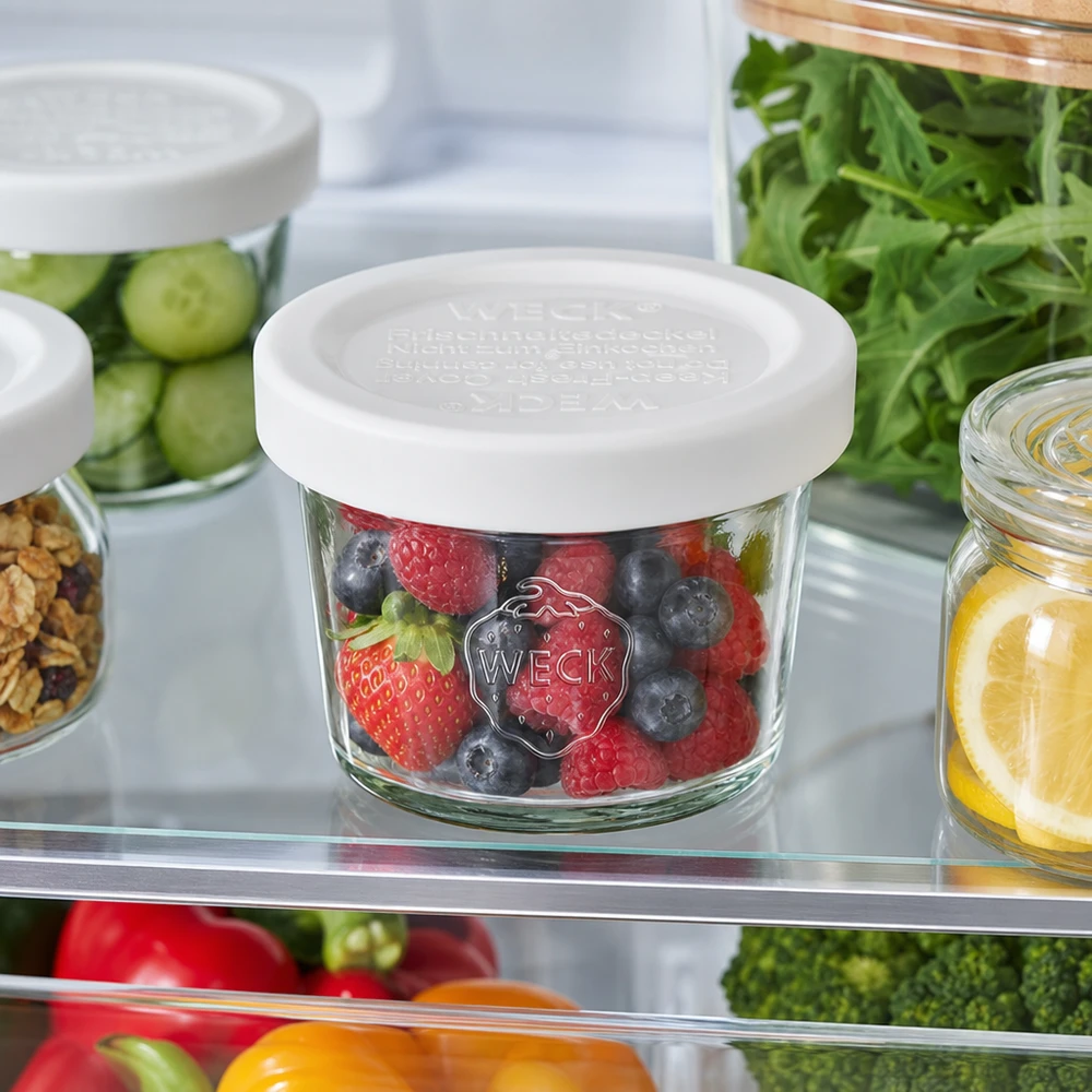 35ml Sturzglas mit Frischedeckel WECK RR40 WECK Sturzglas 35ml RR40 mit gemischten Beeren im Kühlschrank, praktische Lebensmittellagerung mit Frischedeckel
