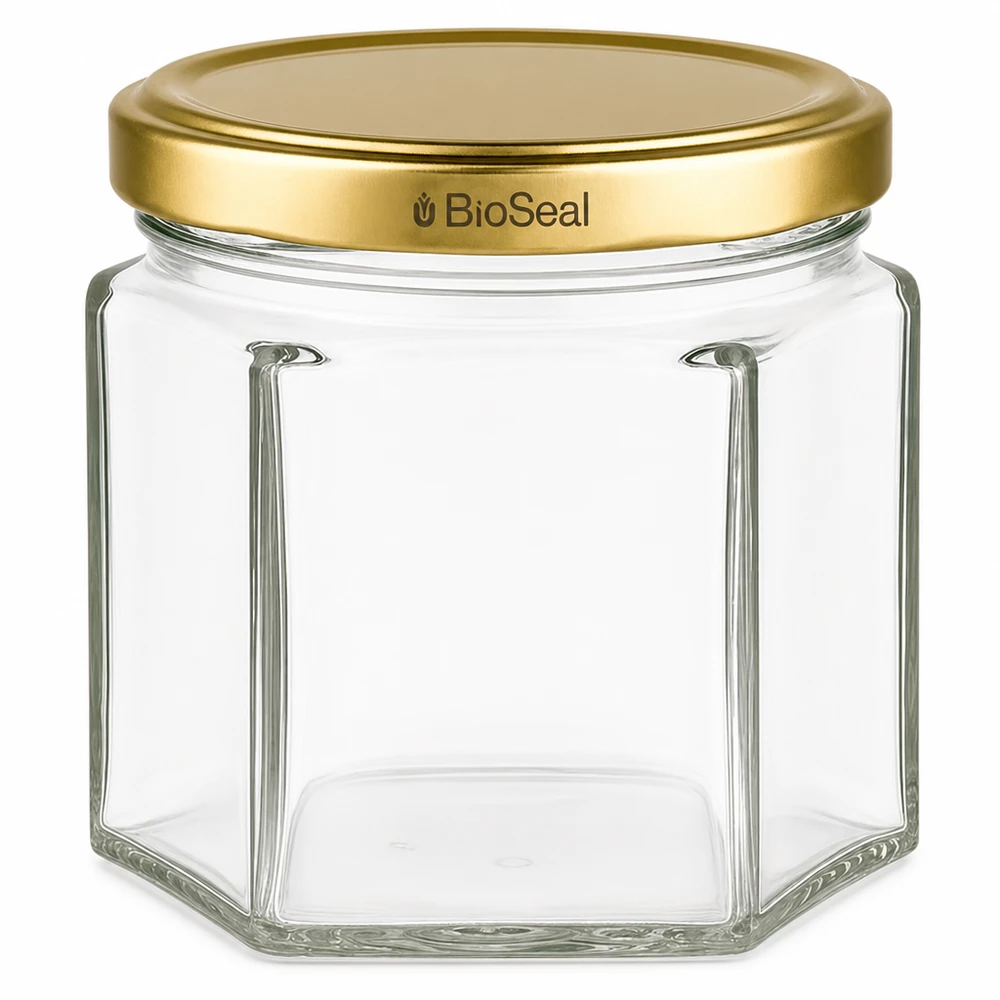 Sechseckiges Glasgefäß UNiTWIST Hexa47 mit goldenem TO43 BioSeal Deckel für Konservierung und Aufbewahrung