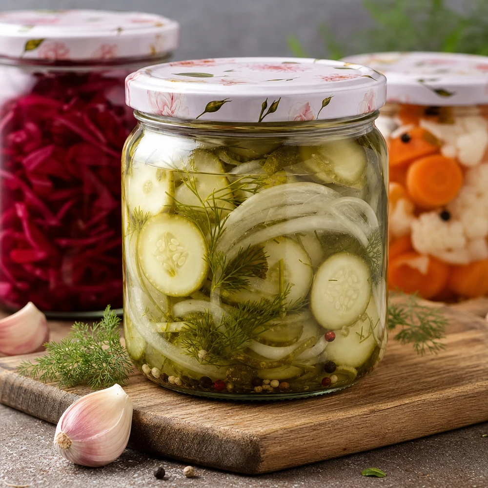 408ml Rundglas rosa Blumendeckel BasicSeal gefüllt mit eingelegten Gurken Zwiebeln Dill Einmachglas Konservenglas