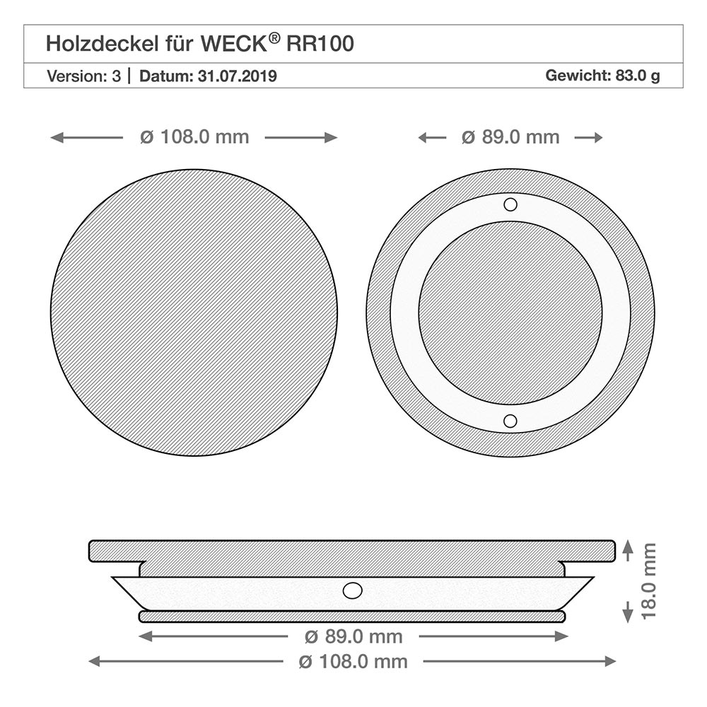 1062ml Tulpenglas WECK RR100 mit Holzdeckel Technische Zeichnung Holzdeckel für WECK RR100 Glas mit Maßangaben 108mm 89mm 18mm Durchmesser Höhe Spezifikation