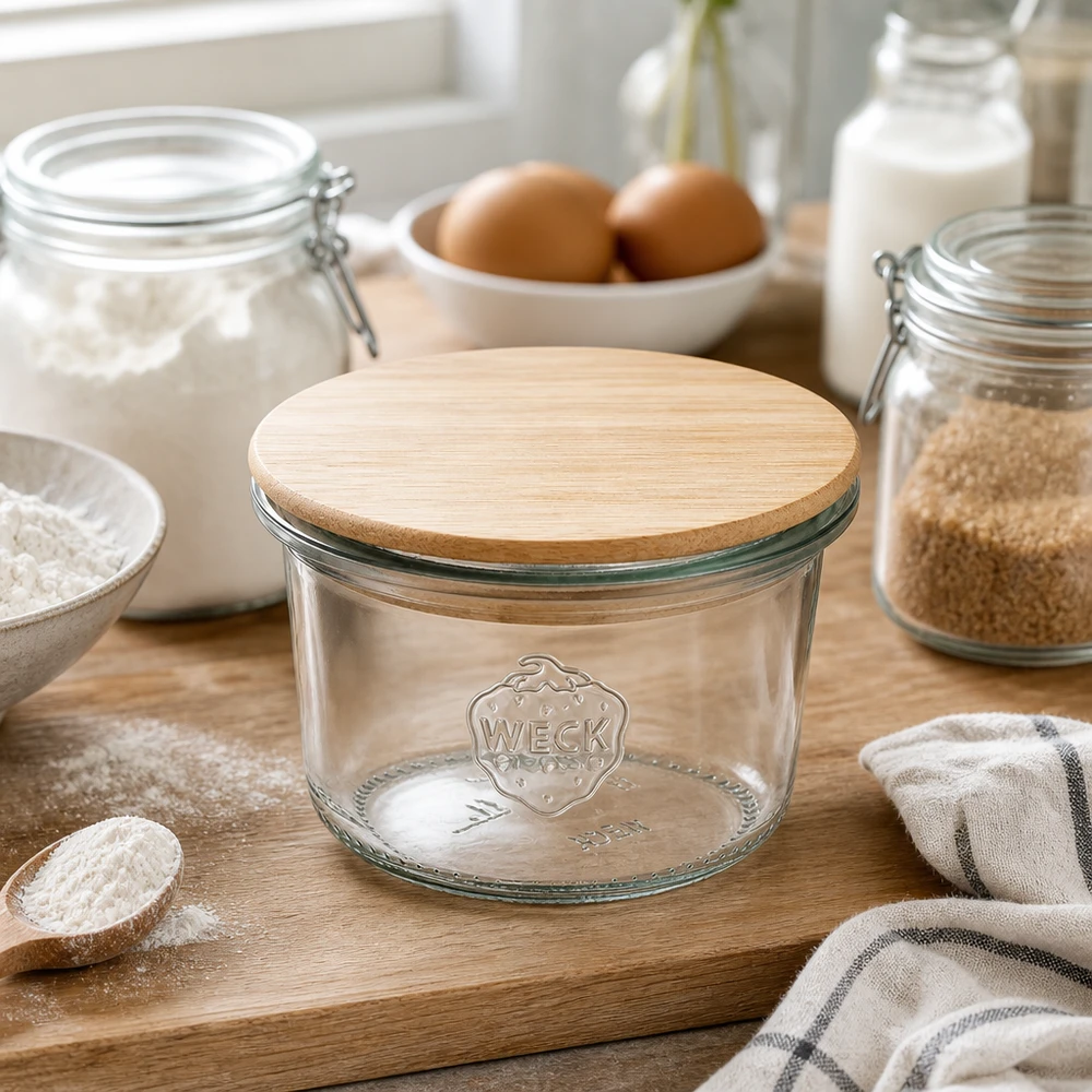 80ml Sturzglas WECK RR60 mit Holzdeckel WECK Sturzglas 80ml RR60 mit Bambusdeckel auf Holzbrett umgeben von Backzutaten Mehl Eiern und Milch in moderner Küche