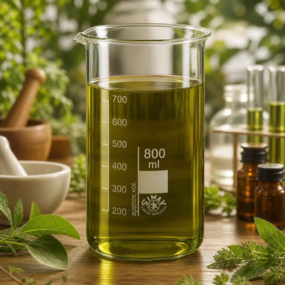 Becherglas 800ml Borosilikatglas, hohe Form Zylindrisches Becherglas 800ml hohe Form mit Ausguss neben Braunglasfläschchen und Reagenzgläsern