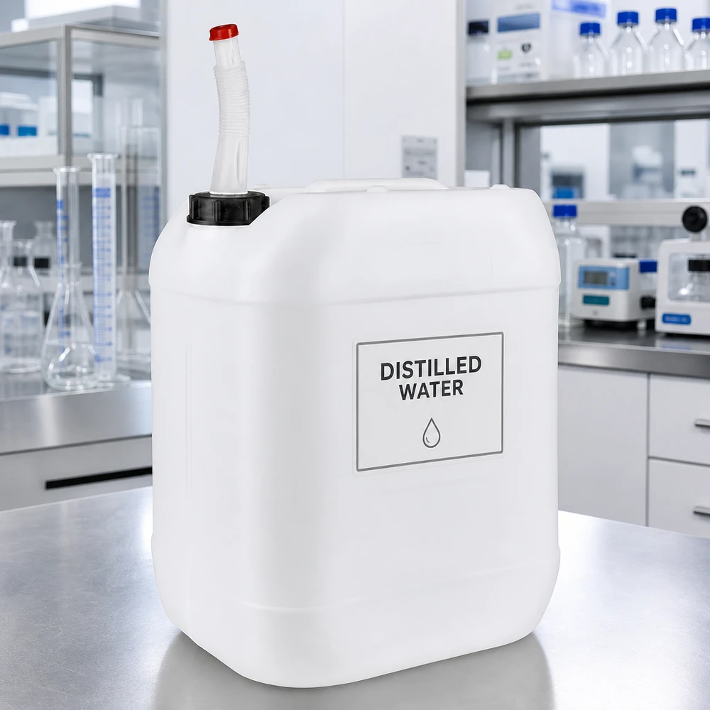 Lebensmittelechter PE-Kanister 20 Liter mit Auslaufrohr für sichere Flüssigkeitsentnahme im Labor