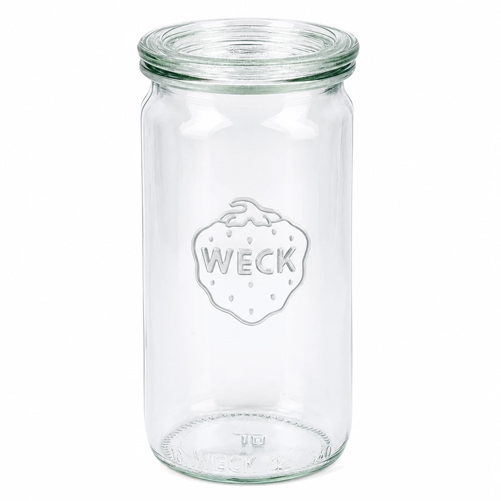WECK Zylinderglas 340ml mit Glasdeckel RR60 Einmachglas transparent leer auf weißem Hintergrund