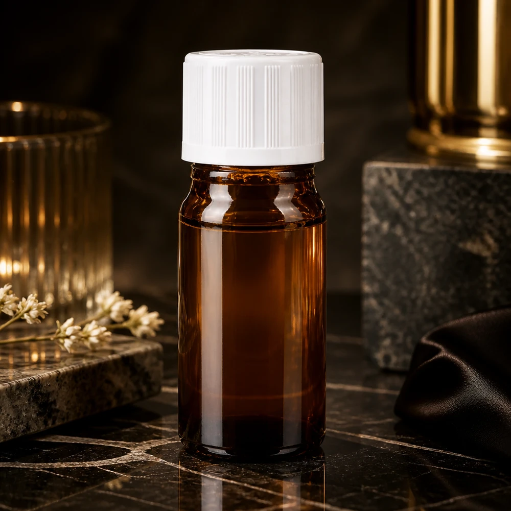 Apothekenflasche braun 5ml Tropfverschluss weiß Kindersicherung Standard Kompakte 5ml Braunglasflasche mit weißem KiSi-Deckel neben goldenen Dekorationsgegenständen