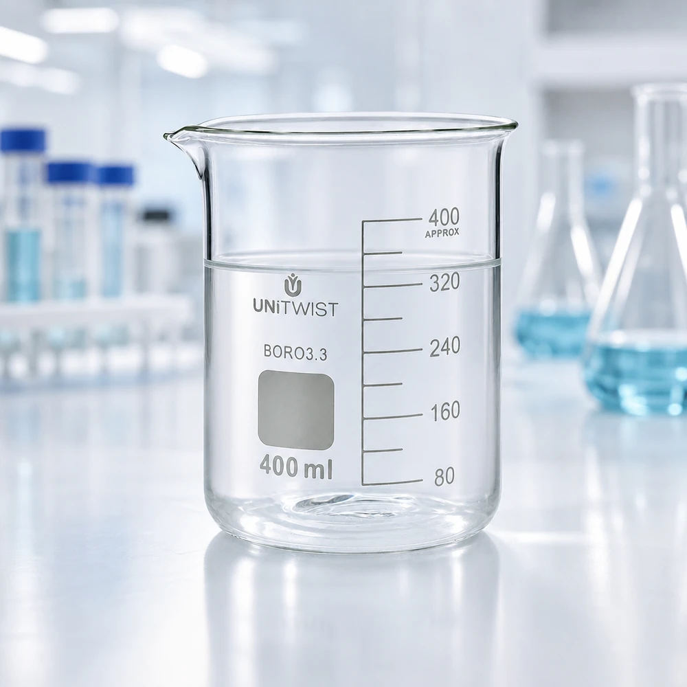 Becherglas 400ml Borosilikat, niedrige Form UNiTWIST Chemielabor-Becherglas 400ml niedriger Form aus transparentem Borosilikatglas mit Ausgießer