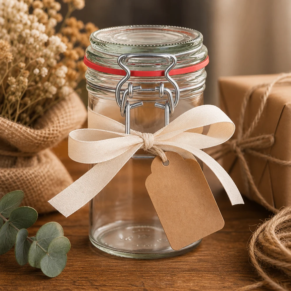 272ml Vorratsglas Typ G mit Bügelverschluss UN.. 272ml Vorratsglas mit Bügelverschluss und roter Dichtung, dekorativ mit Schleife und Anhänger auf Holztisch arrangiert