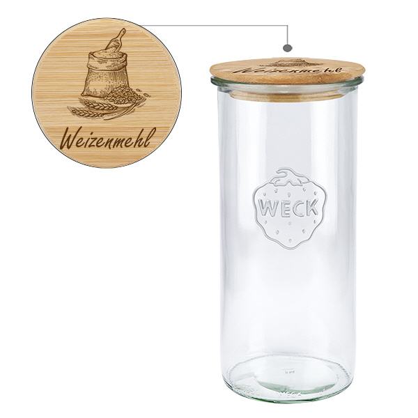 Holzdeckelset "Weizenmehl" mit WECK Glas 1500ml Holzdeckelset "Weizenmehl" mit WECK Glas 1500ml