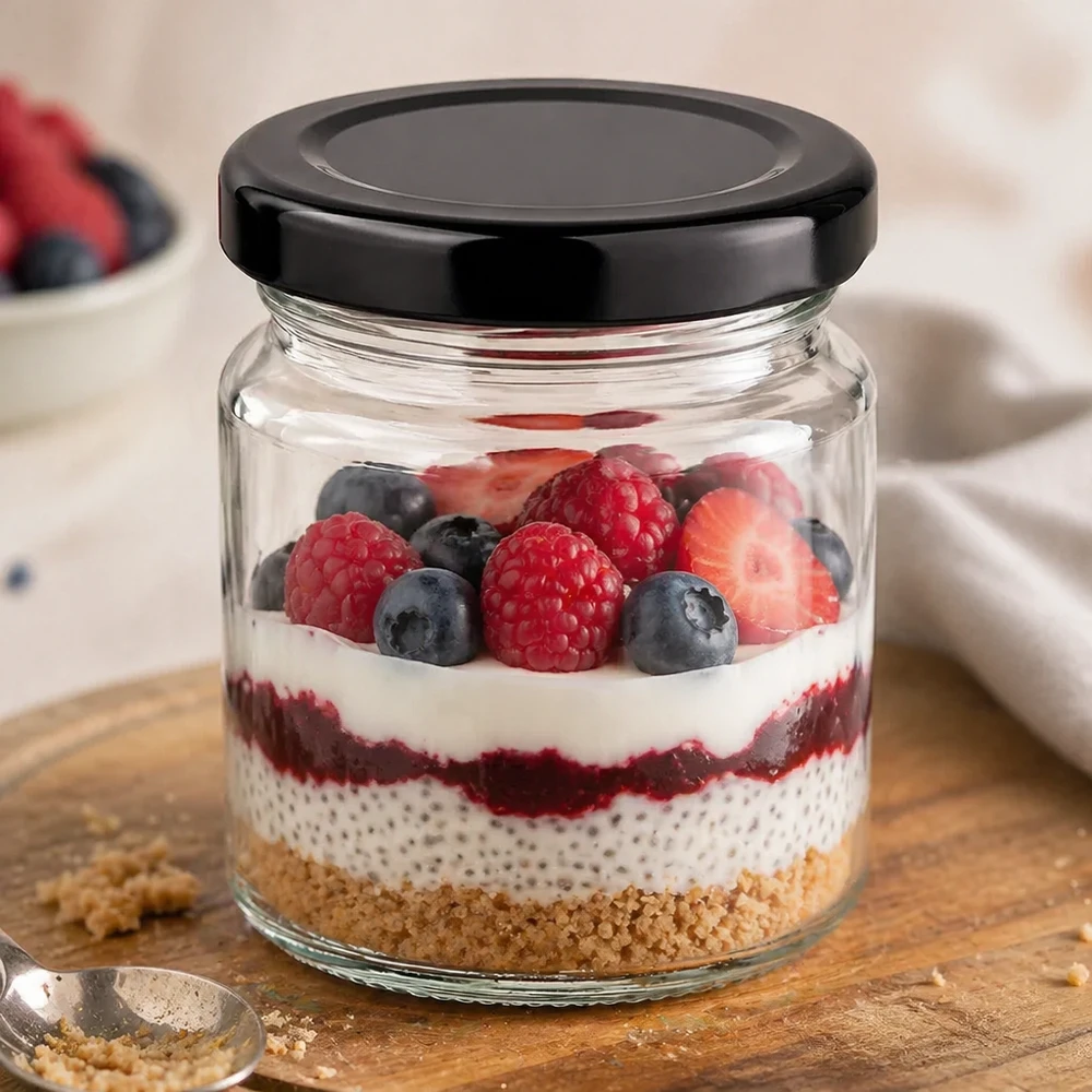 53ml Rundglas mit schwarzem BasicSeal Deckel als Dessertglas mit Chia-Pudding und gemischten Beeren gefüllt
