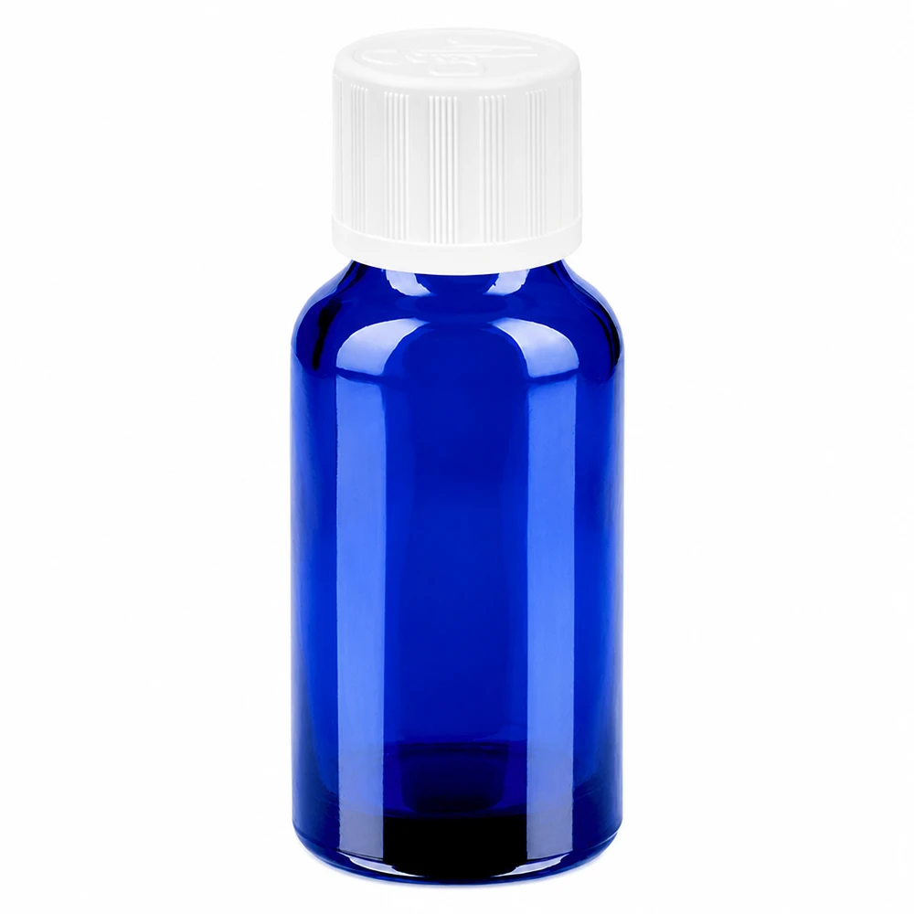20ml Flasche 11mm Schraubverschluss weiß Standard Kindersicherung BlueLine UT18/20 Zylindrische blaue Glasflasche 20ml mit 11mm Gewinde perfekt für kleine Flüssigkeitsmengen