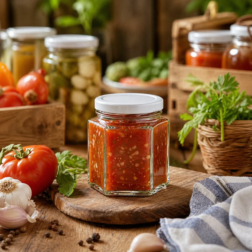 47ml Hexaglas mit BasicSeal Deckel gefüllt mit Tomatensauce zwischen frischen Tomaten und Kräutern auf Holzbrett