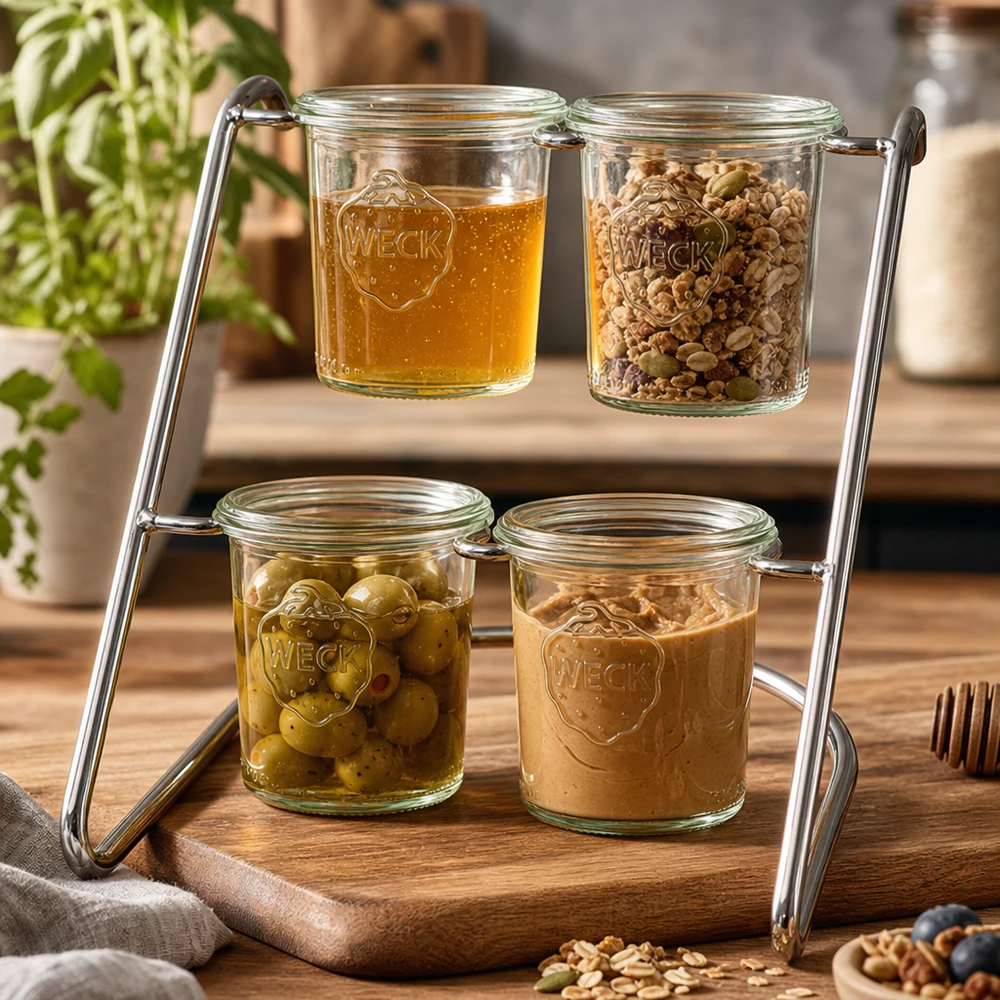 Serviergestell Flato4 für 4 WECK Sturzgläser WECK Serviergestell Flato4 mit Honig, Nüssen und Oliven befüllt - vielseitiger Glashalter für Küchendeko