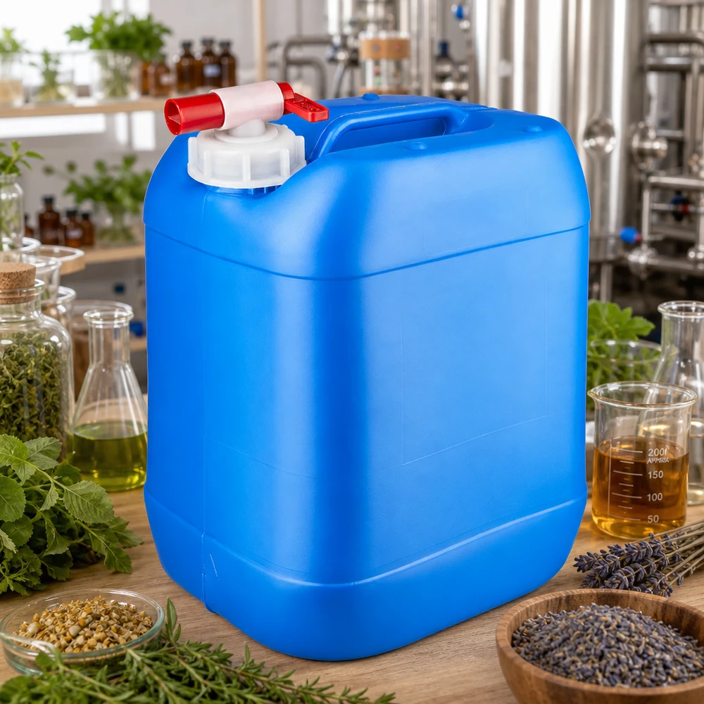 Rechteckiger Vorratsbehälter 20 Liter Blau mit Entnahmeventil in botanischer Laborumgebung