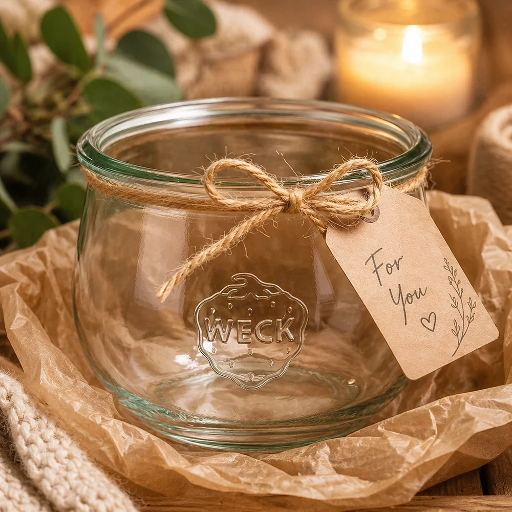 580ml Tulpenglas WECK RR100 WECK Tulpenglas 580ml RR100 mit Geschenkanhänger und Juteschnur auf Holztisch mit Kerze und Dekoration