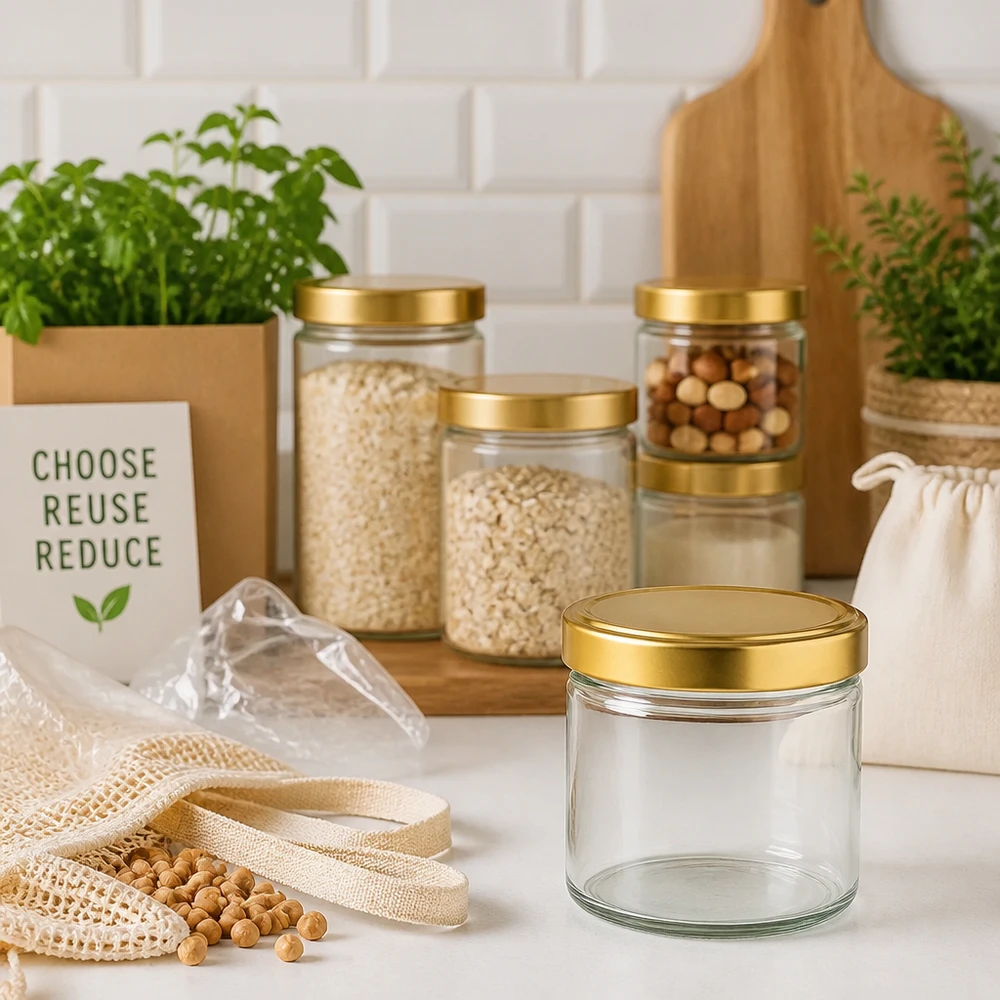 230ml Zylinderglas mit goldenem Deckel in nachhaltiger Zero-Waste Küche zwischen Vorratsglasern und Öko-Produkten