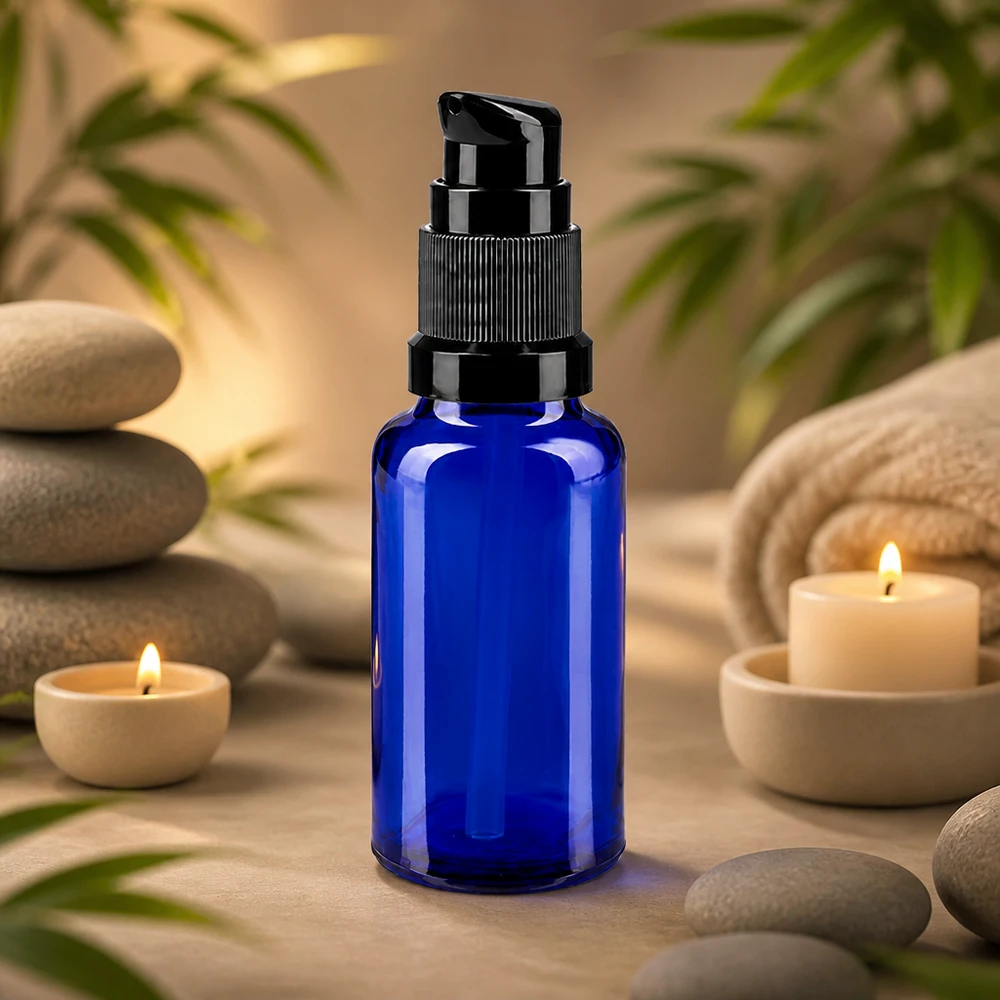 Apothekenflasche blau 20ml PumpVerschluss schwarz Standard Schlanke kobaltblaue 20ml Glasflasche mit schwarzem Schraubpumpkopf für Naturkosmetik