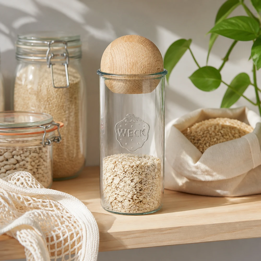 1500ml Sturzglas WECK RR100 mit Holzkugel Buche WECK Sturzglas 1500ml RR100 mit Haferflocken gefüllt, Holzkugel Buche Deckel, Zero-Waste Küche Vorratshaltung