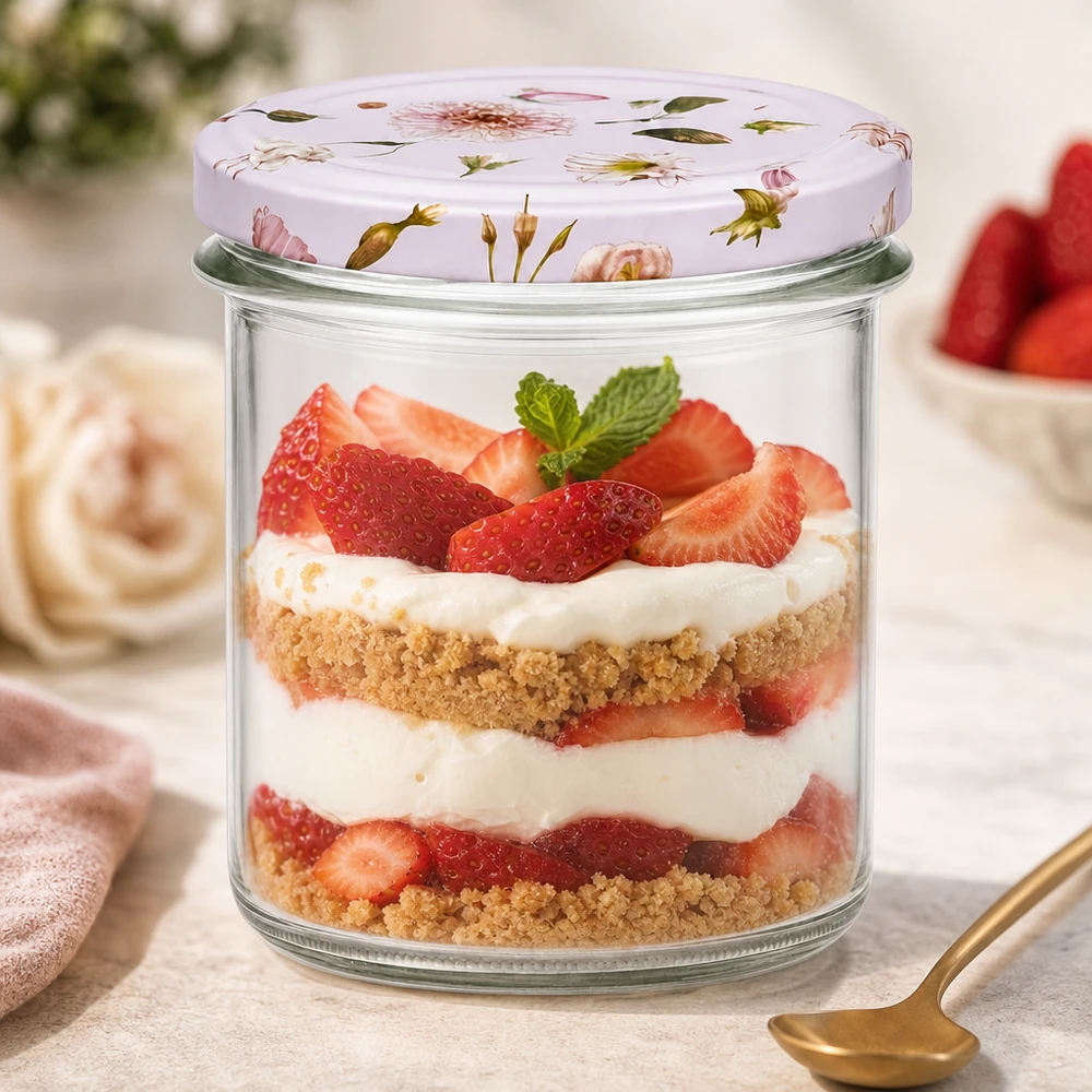 350ml Sturzglas rosa Blumendeckel Dessert Erdbeeren Sahne Schichtdessert Einmachglas Nachtisch Tiramisu Glas