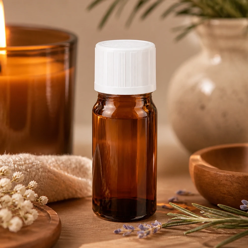 5ml ätherisches Öl Flasche Braunglas mit weißem KiSi-Tropfverschluss zwischen getrockneten Blüten