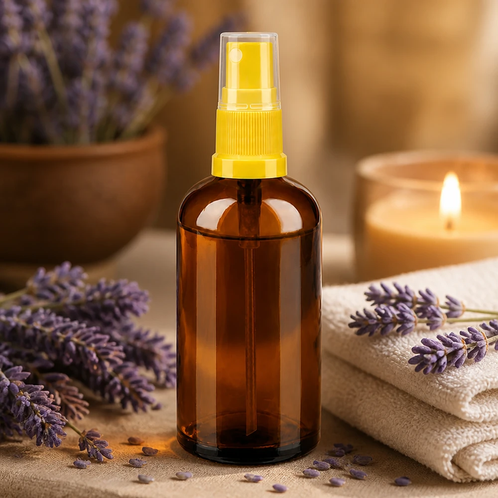 100ml Sprayflasche gelb/transparent Standardverschluss BrownLine UT18/100 Umweltfreundliche 100ml Glassprayflasche braun transparent mit Dosiersprüher für Naturkosmetik