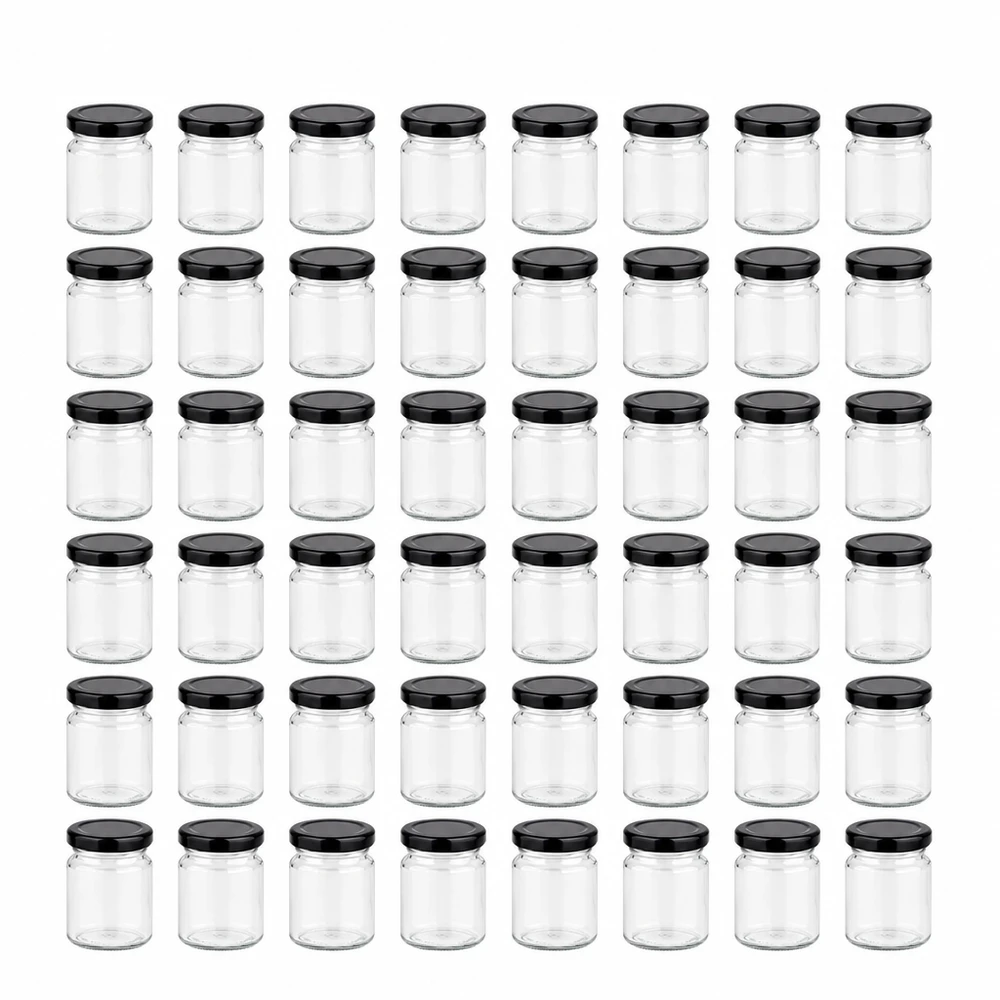 53 ml Rundglas 48er-Set mit Deckel (Deckelfarbe: schwarz) – UNiTWIST Minigläser Set 48 Stück 53ml Klarglas rund mit schwarzem Deckel UNiTWIST