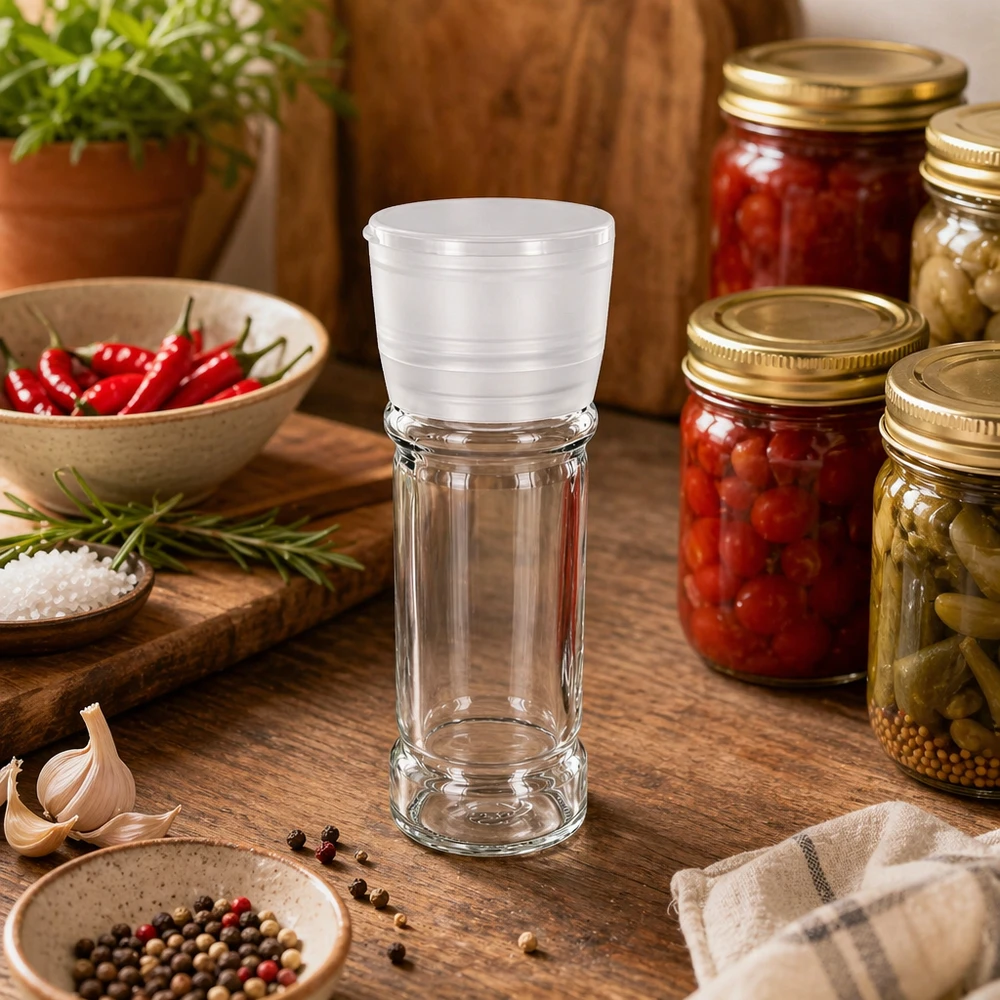 Salz-/Gewürzglas 100ml mit Mühle Vario weiss Leere Salzmühle aus Glas 100ml mit weißem Vario Aufsatz im rustikalen Küchensetting