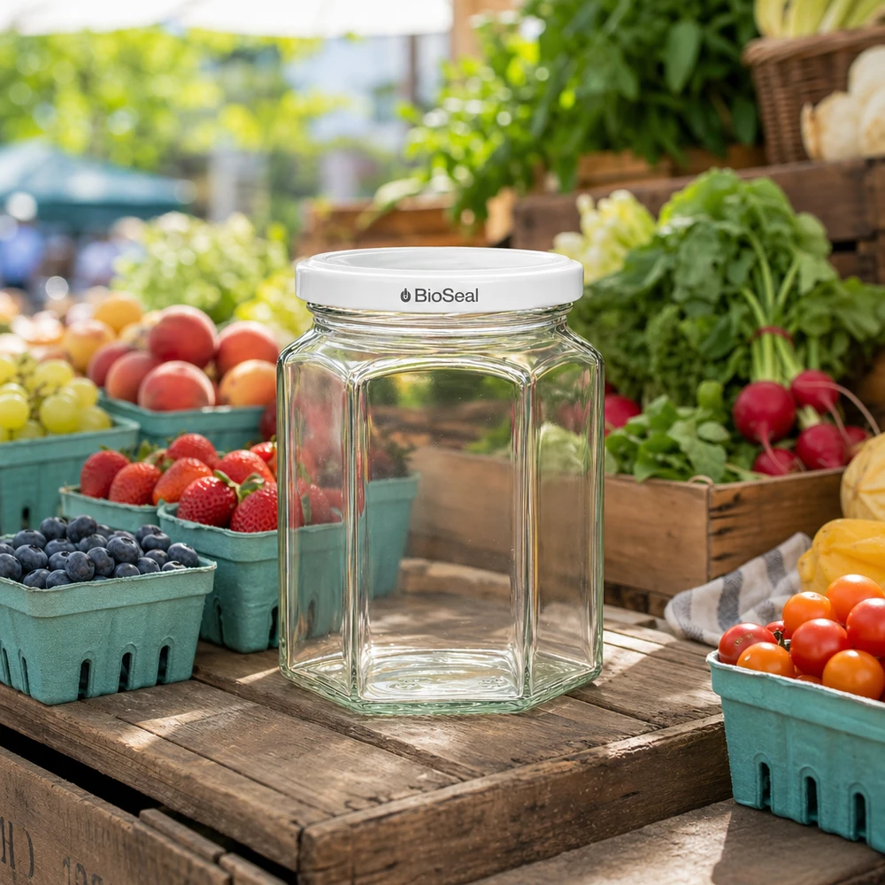 288ml Hexaglas mit BioSeal Deckel weiß UNiTWIST UNiTWIST Hexa288 leeres Glas mit weißem TO63 BioSeal Deckel auf Marktstand zwischen frischem Obst und Gemüse