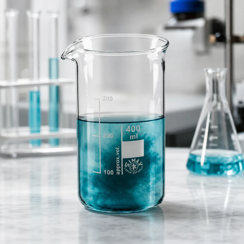 Becherglas 400ml Borosilikatglas, hohe Form Laborglasware Becherglas 400ml hohe Form SIMAX mit sichtbarer Reaktion in blauer Flüssigkeit