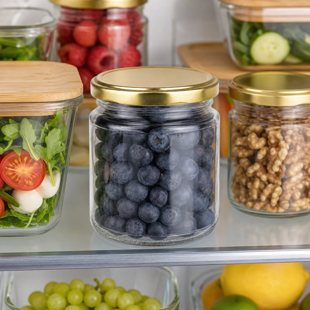 212ml Einmachglas mit goldenem Deckel gefüllt mit Blaubeeren im Kühlschrank neben anderen Vorratsgläsern