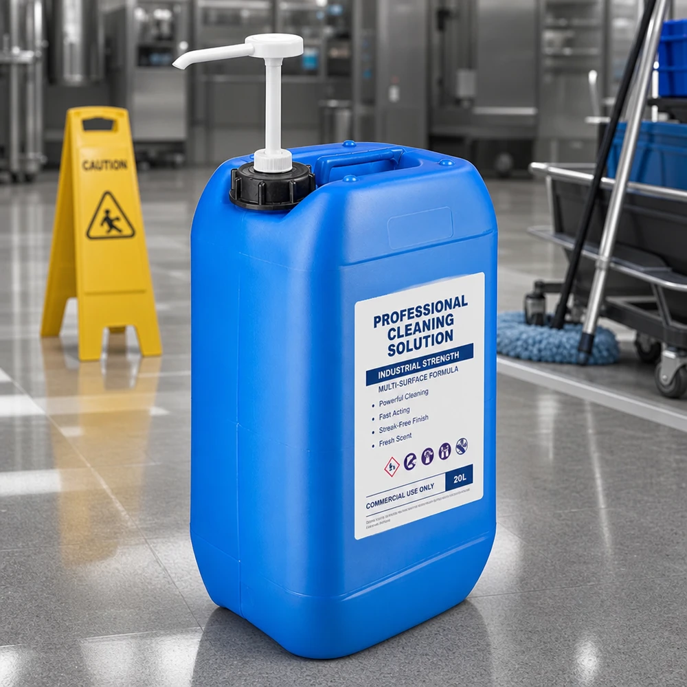 Kanister 15 Liter blau mit Dosierpumpe Tragbarer blauer 15 Liter Flüssigkeitsbehälter mit Pumpe neben gelbem Warnschild und Reinigungswagen