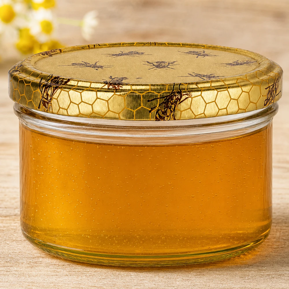 300g Honigglas mit Bienenwabe Deckel BasicSeal UNiTWIST Honigglas 300g mit goldgelbem Honig und Bienenwaben-Deckel, Nahaufnahme der Glasstruktur und Honigkonsistenz