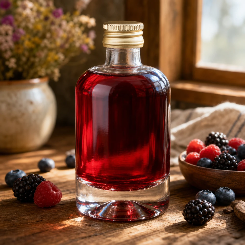 40ml Glasflasche Sara mit rotem Beerenlikör gefüllt - goldener UNiTWIST Verschluss umgeben von frischen Waldbeeren