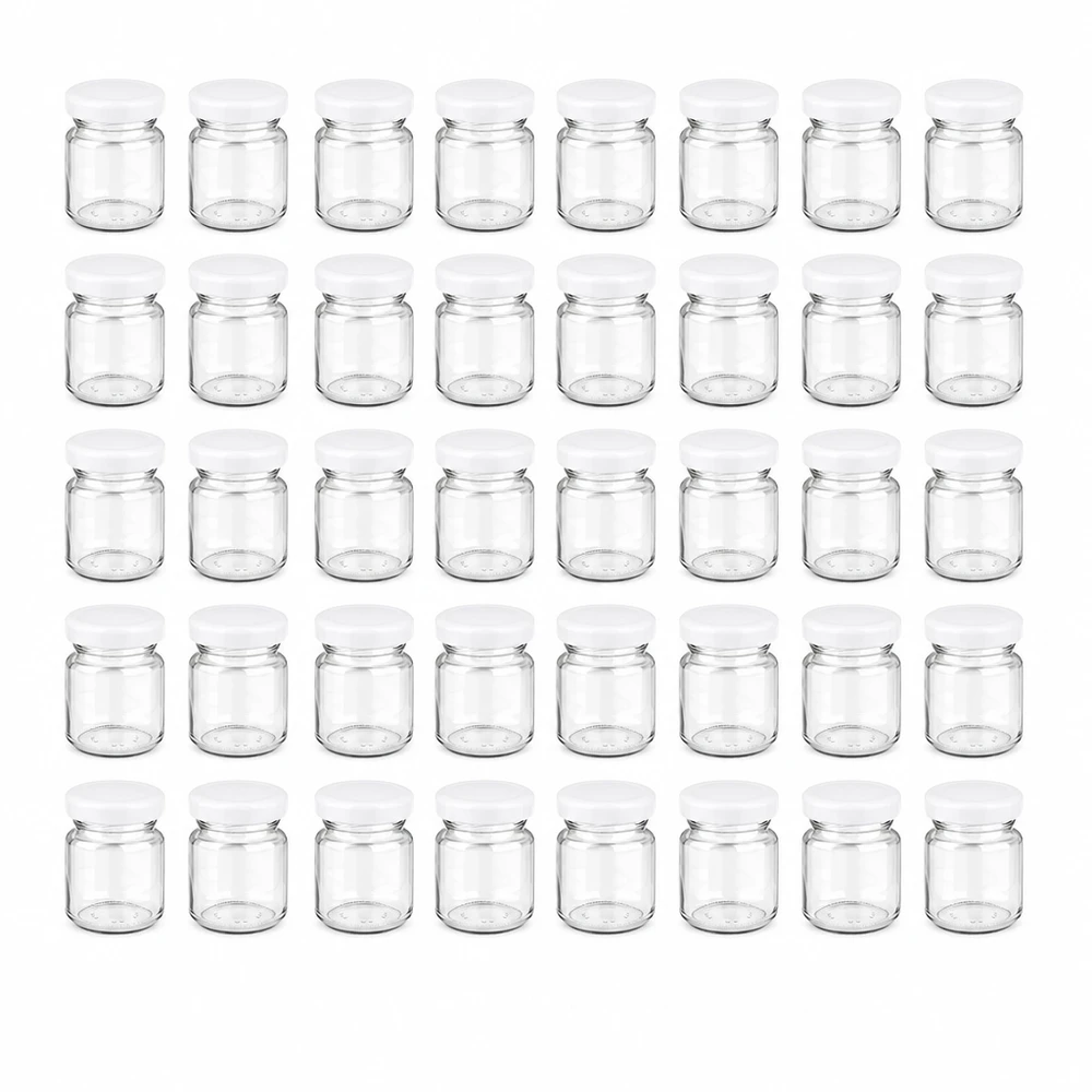 53 ml Rundglas 48er-Set mit Deckel (Deckelfarbe: weiss) – UNiTWIST UNiTWIST Rundglas Set 48 Stück 53ml kleine Glasdosen mit weißem Deckel stapelbar