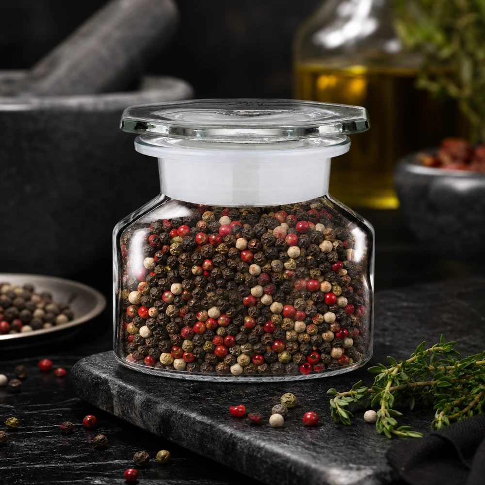 Transparentes 50ml Gewürzglas mit gemischten ganzen Pfefferkörnern und aufliegendem Glasdeckel