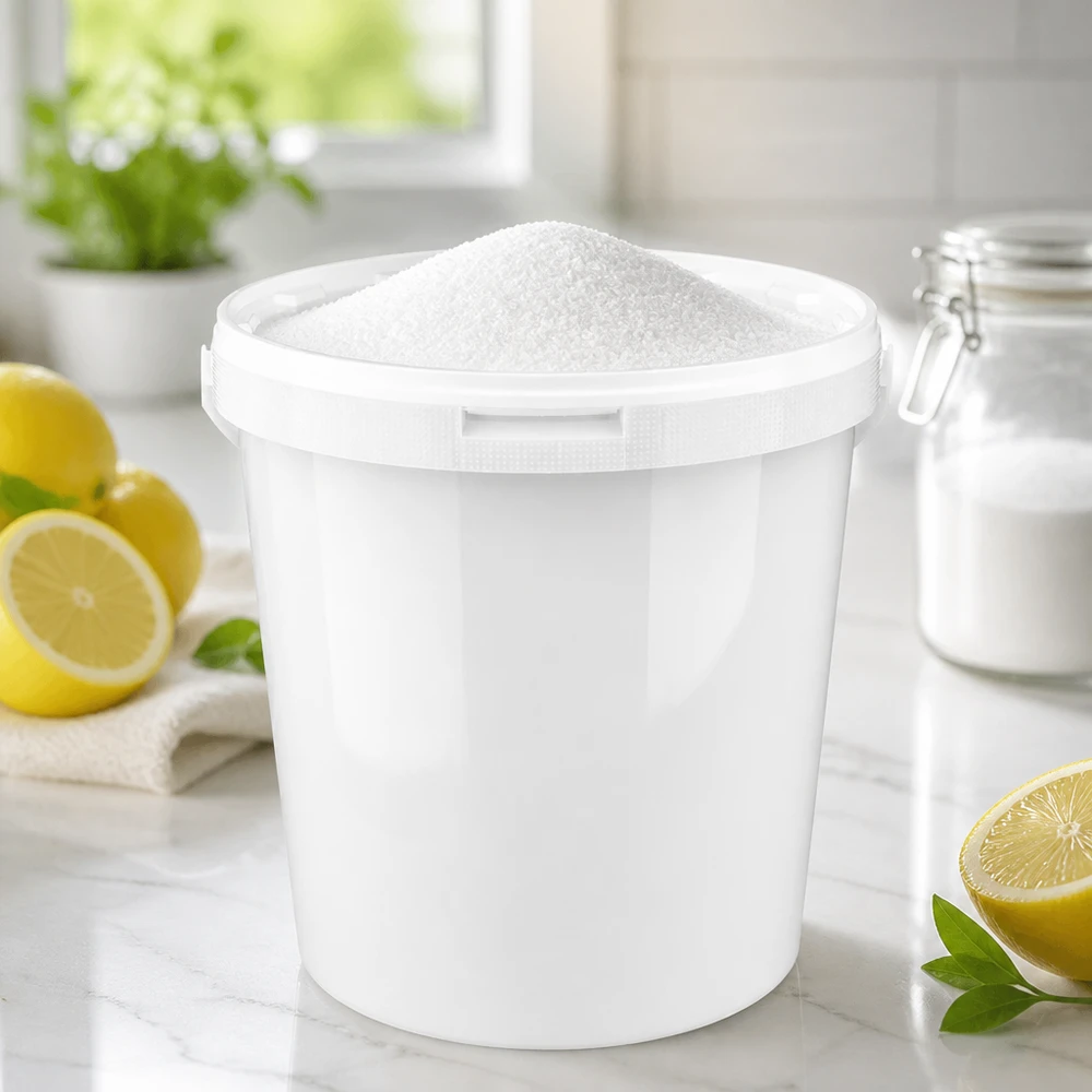 Weißer PP Eimer 10 Liter mit überlaufendem Pulverinhalt und Glasvorratsglas im Hintergrund