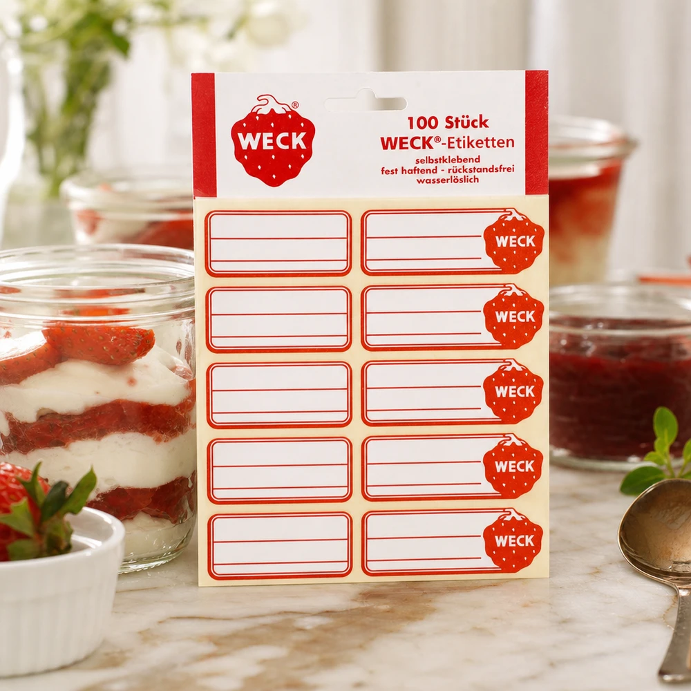 WECK Etiketten 19x13mm (Pack(s) mit 100 Stück) WECK Etiketten Packung neben dekorativem Dessertglas mit Erdbeercreme zeigt vielseitige Anwendung in moderner Küche