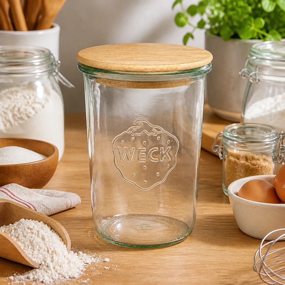 850ml Sturzglas WECK RR100 mit Holzdeckel WECK Sturzglas 850ml RR100 Holzdeckel Küche Backzutaten Mehl Eier Küchenutensilien natürliche Materialien