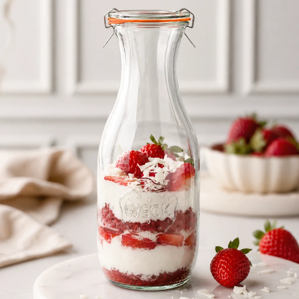 1062ml Saftflasche komplett WECK RR60 WECK Saftflasche 1062ml RR60 als Dessertglas mit Erdbeer-Sahne-Schichtdessert gefüllt Küchenhintergrund weiß