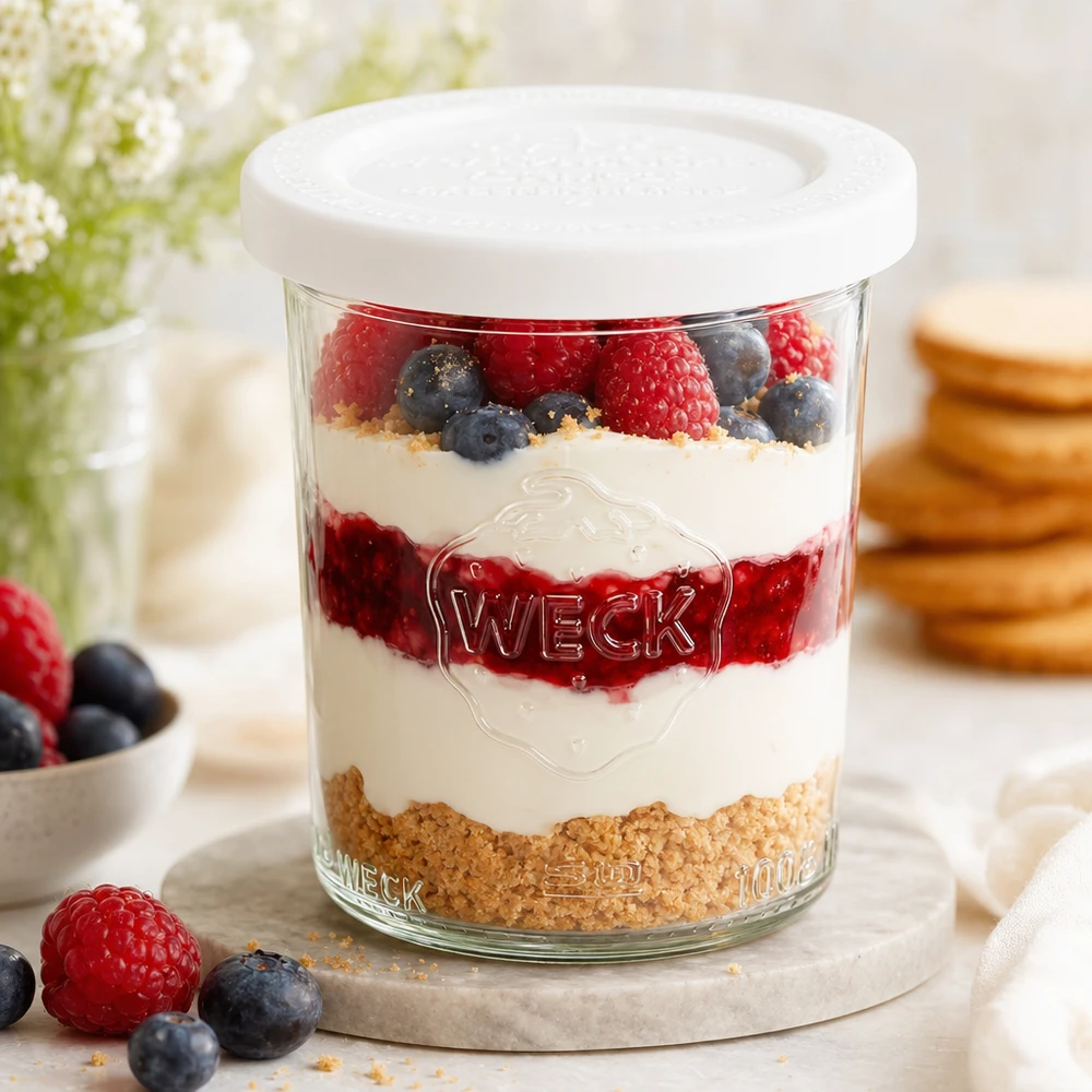 160ml Sturzglas mit Frischedeckel WECK RR60 WECK 160ml Sturzglas RR60 mit Schichtdessert aus Joghurt, Beeren und Kekskrümeln - perfekt als Dessertglas