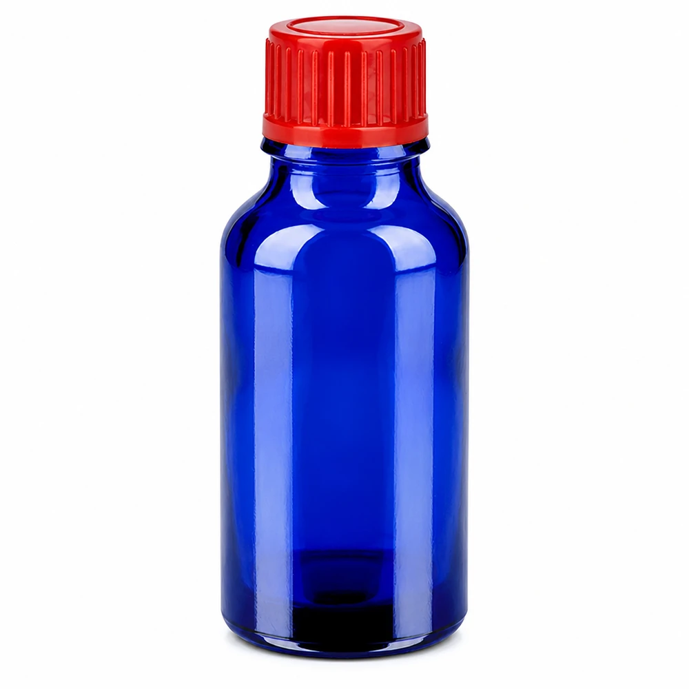 20ml Flasche 11mm Schraubverschluss rot Standard BlueLine UT18/20 Kompakte 20ml Flasche blaues Borosilikatglas roter Deckel für Tinkturen