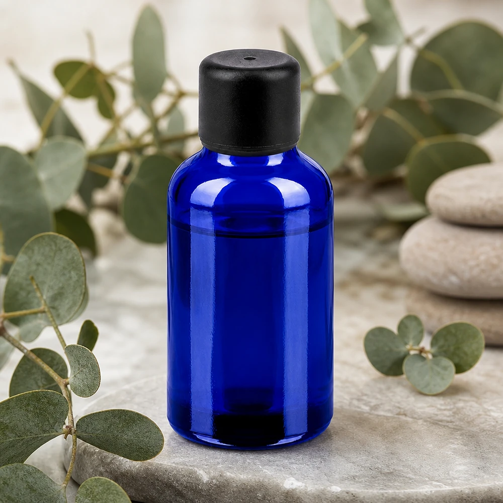 30ml Flasche 6mm Schraubverschluss schwarz Standard BlueLine UT18/30 Elegante blaue 30ml Flasche mit UV-Schutz und sicherem schwarzen Deckel