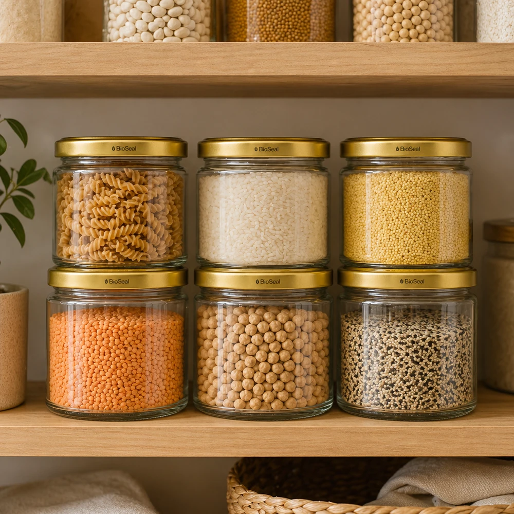 330ml Rundglas + BioSeal Deckel gold UNiTWIST UniTWIST Runda330 mit goldenem TO82 BioSeal Deckel zur organisierten Pantry-Aufbewahrung von Hülsenfrüchten und Getreide