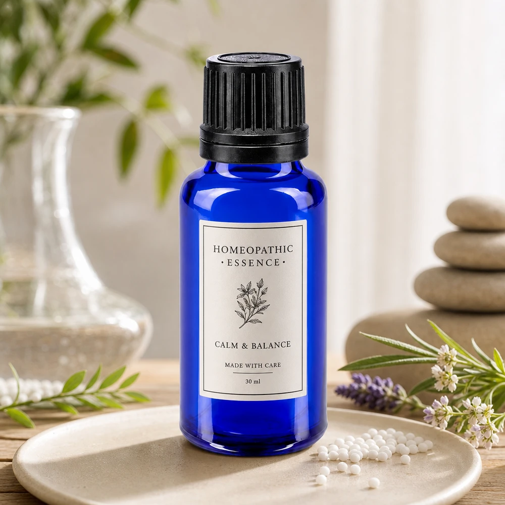 Blaue 20ml Apothekerflasche mit Calm and Balance Etikett neben weißen Globuli auf Keramik