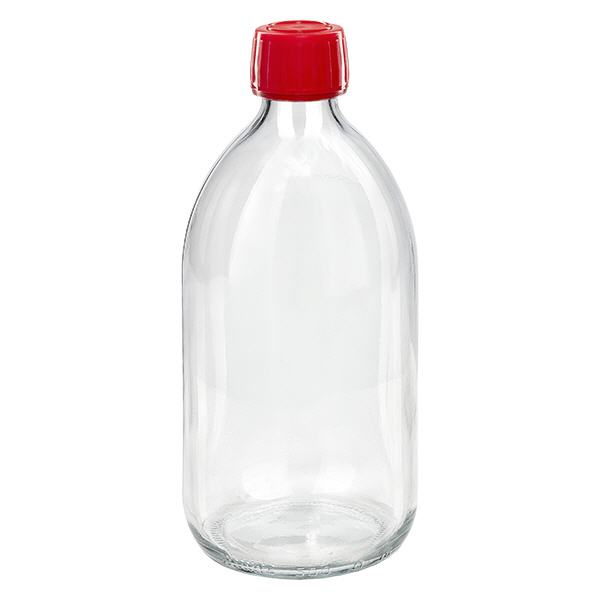 500ml Medizinflasche klar, Verschluss rot mit Originalitätsring ApoGlas
