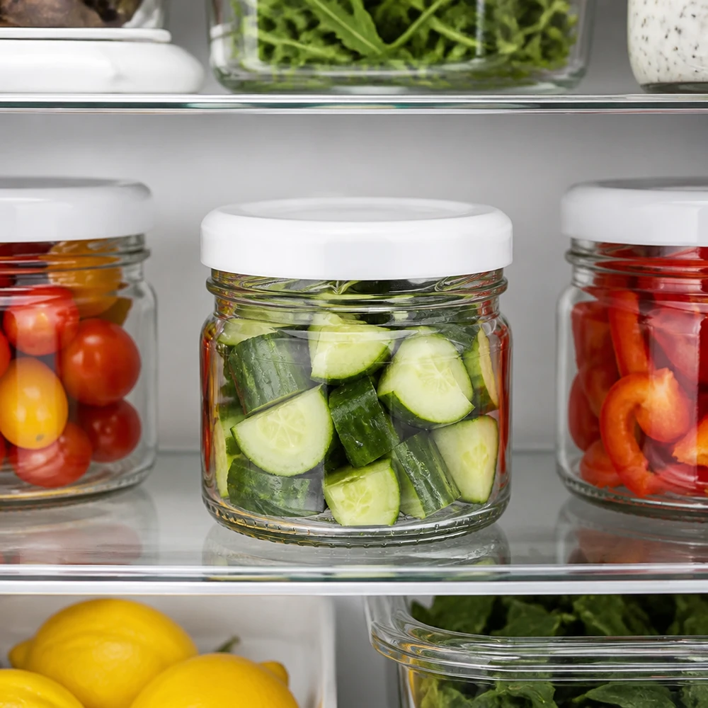 Praktische Vorratsgläser 33ml für Kühlschrank mit Obst und Gemüse UNiTWIST weißer Deckel