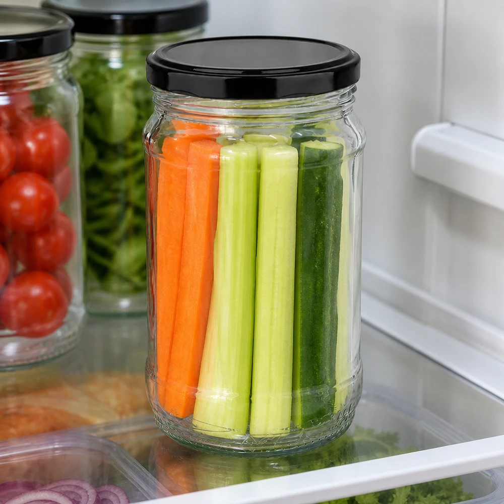 Transparentes 370ml Einmachglas UNiTWIST mit schwarzem Deckel zur übersichtlichen Vorratshaltung im Kühlschrank