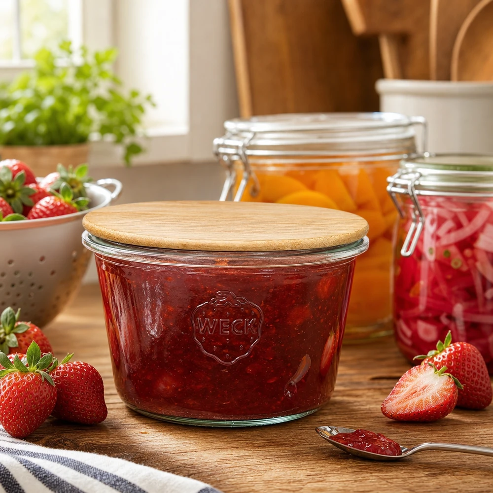 370ml Sturzglas WECK RR100 mit Holzdeckel WECK RR100 Sturzglas mit Erdbeermarmelade gefüllt in Küchenambiente mit frischen Erdbeeren und Einmachgläsern