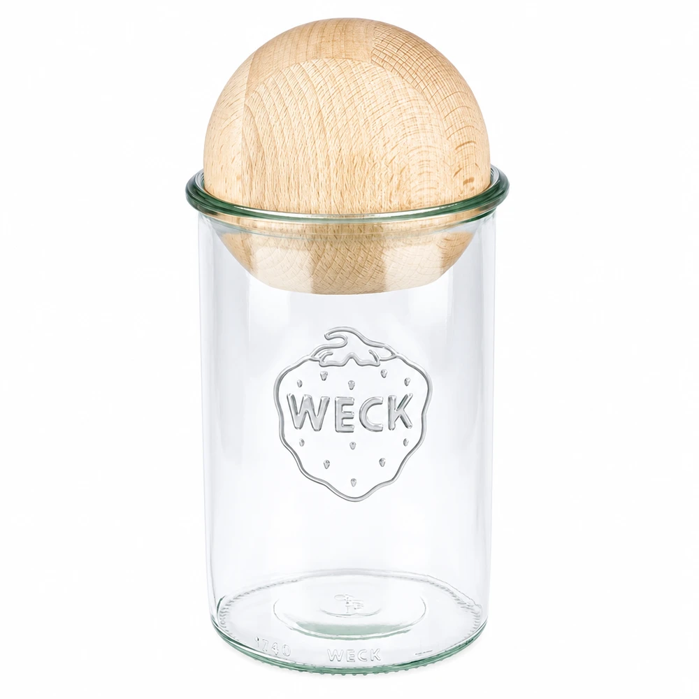 1000ml Sturzglas WECK RR100 mit Holzkugel Buche WECK Sturzglas 1000ml RR100 mit Holzkugel aus Buche als Deckel, Einmachglas mit Logo auf weißem Hintergrund