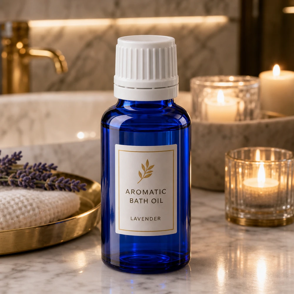 Schlanke blaue 20ml Apothekerflasche mit weißem Originalitätsverschluss im luxuriösen Badezimmer-Ambiente